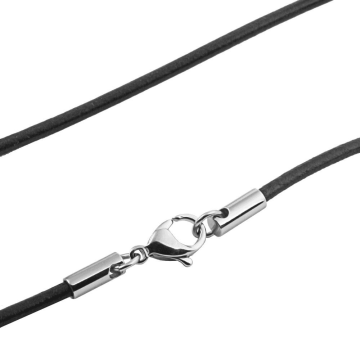 Cadena de Cuero Negro, Cierre de Acero, L= 40cm, Esp= 2mm