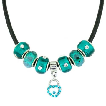 Collar de Encantos De corazón y Verdes Para Mujeres y Muchachas, Cadena de Cuerda De cuero, 7 pulgadas. Estilo Pandora®